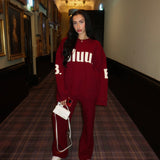 Cozy Knitted Wide Leg Sweatpants In Burgundy